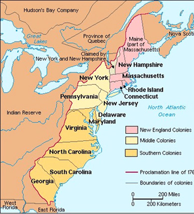 carte des 13 colonies initiales aynt formé les Etats-Unis