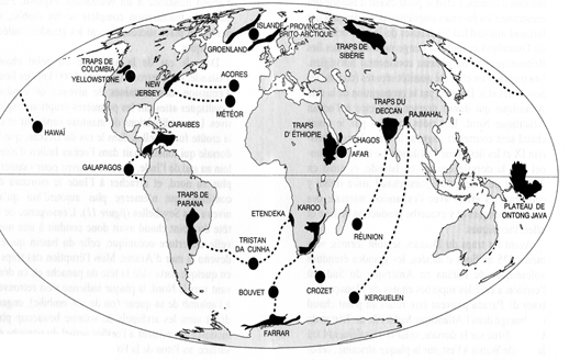 Répartition des Grands Traps à la surface du globe selon Vincent Courtillot